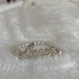 Pearl 'Love' Script Stretch Bracelet with Crystal Accents